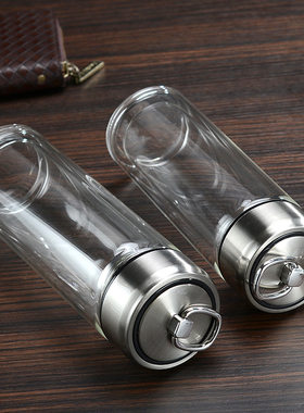 便携拉环水杯 玻璃茶杯 双层玻璃花茶杯 商务礼品杯 男女学生水杯