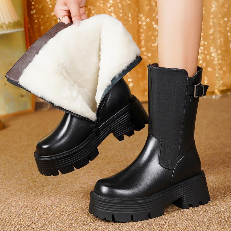 俪芙曼厚底真皮靴中筒靴