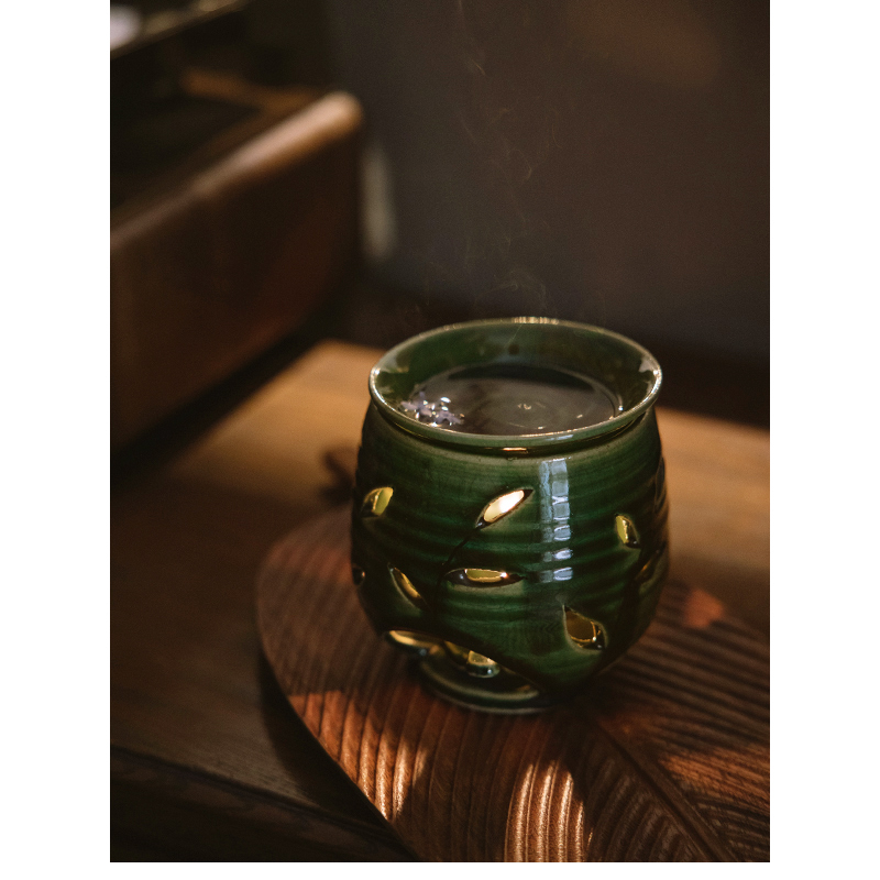 现货日本进口作家手作织部绿釉茶香炉烤茶炉精油香薰陶器茶道茶器