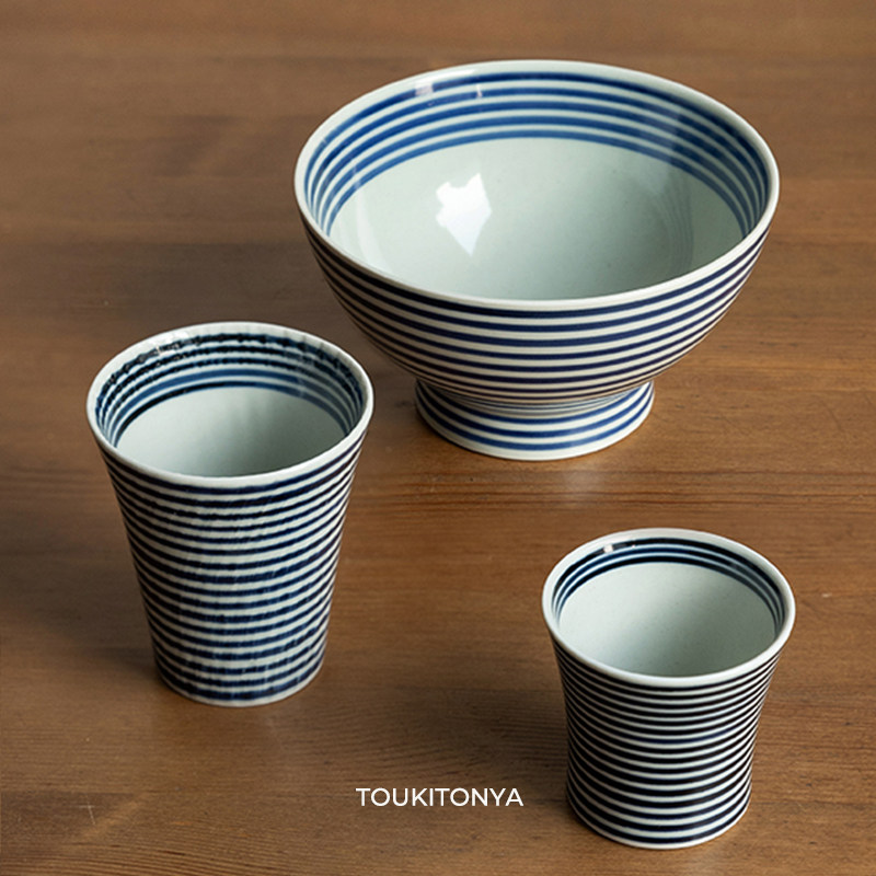 现货日本进口和山窑蓝驹系列复古手绘蓝色条纹大面碗汤碗水杯杯子,餐饮具,碗,淘宝优惠券,粉丝福利购,淘宝优惠卷