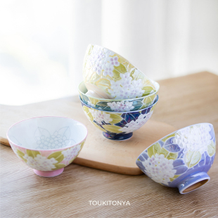 乔迁礼品 现货日本进口美浓烧陶瓷釉下彩浮雕紫阳花米饭碗五碗套装