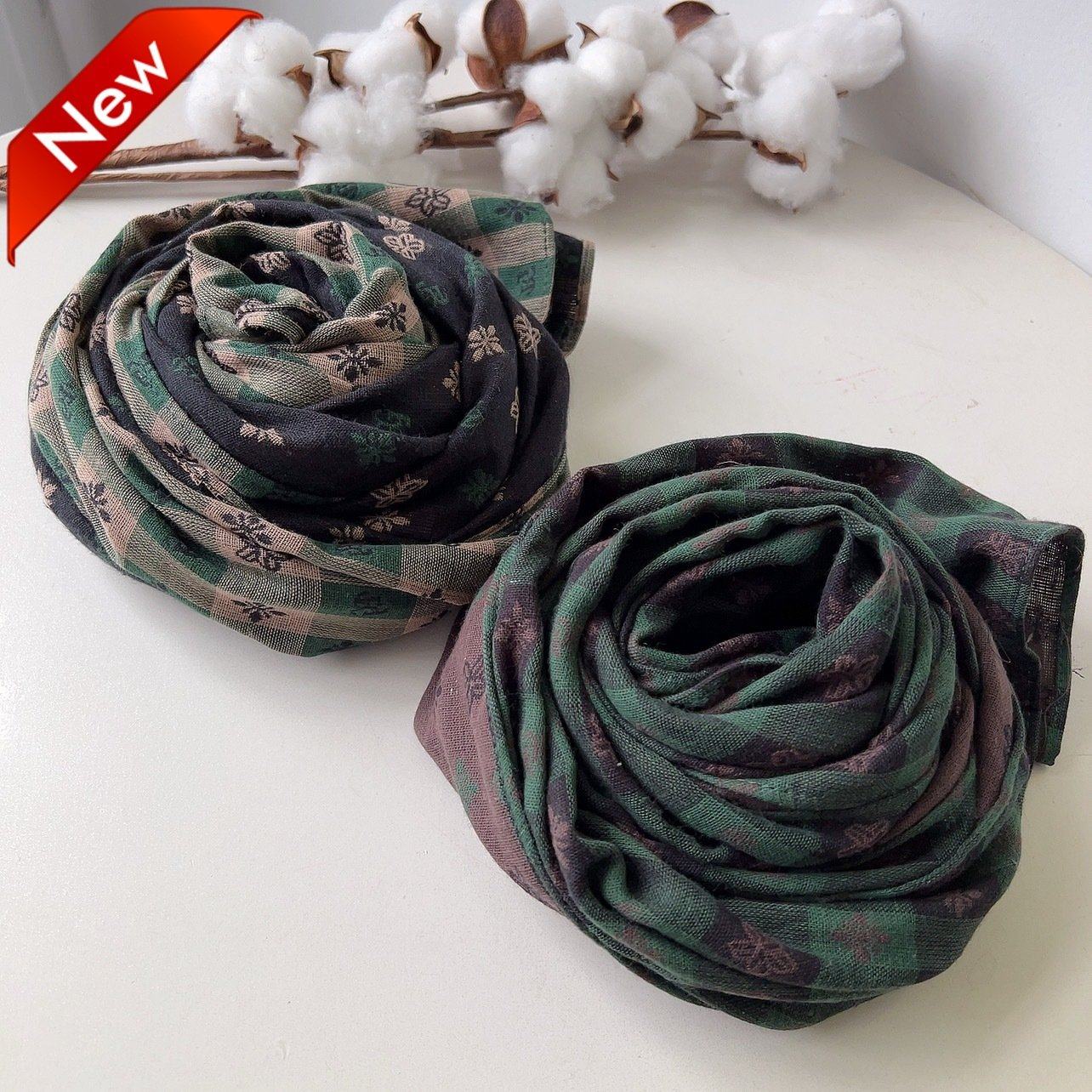 春季新款日系双面格子围巾女全棉薄款柔软小披肩时尚印花丝巾装饰