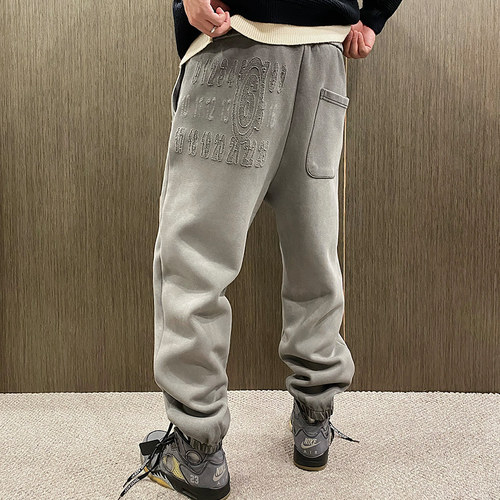 刺绣做破松紧腰宽松运动卫裤加绒