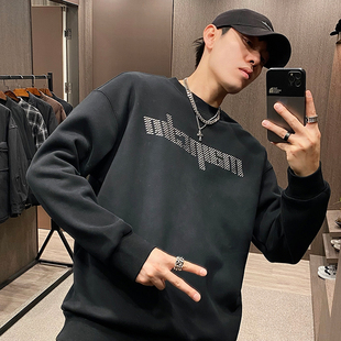 做旧渐变宽松上衣 潮牌烫钻字母圆领加绒加厚卫衣美式 MXD UGLY冬季