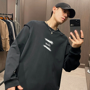 t恤男宽松圆领打底衫 喷墨字母印花300g纯棉重磅长袖 UGLY秋季 MXD
