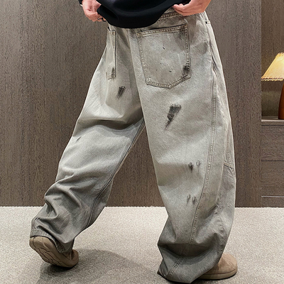 春季潮牌美式复古泼墨阔腿牛仔裤
