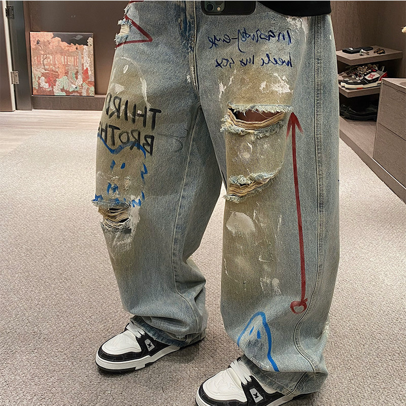 MXD UGLY美式嘻哈手绘涂鸦破洞水泥黄阔腿牛仔裤男高定潮牌直筒裤