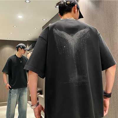 美式潮牌烫钻logo重磅刺绣字母T