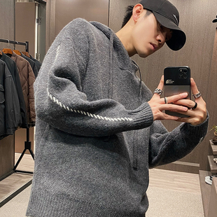 休闲宽松软糯针织衫 设计感缝针刺绣连帽毛衣男韩版 UGLY秋冬季 MXD