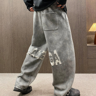 男户外运动宽松直筒裤 潮牌字母烧花脏脏灰复古休闲裤 UGLY美式 MXD