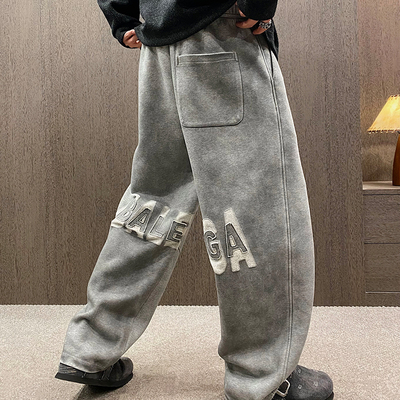 美式潮牌字母烧花复古脏灰休闲裤