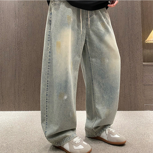 MXD UGLY美式潮牌做旧复古弯刀牛仔裤男松紧腰垂感漆点宽松休闲裤
