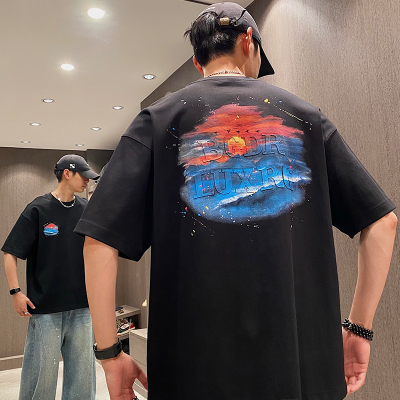 夏季短袖T恤彩色复古落日短袖潮