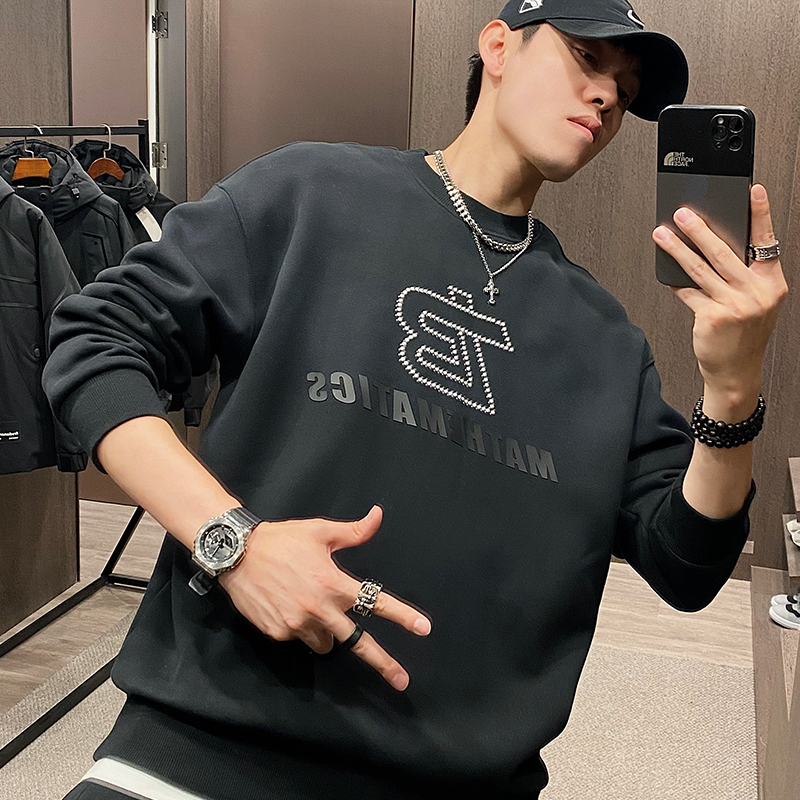 冬季潮牌钉珠字母复古加绒卫衣男