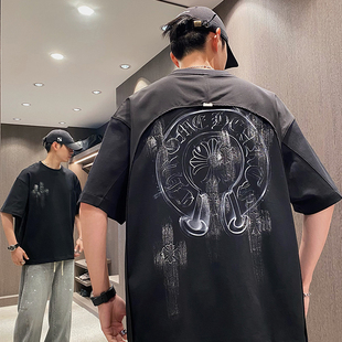 MXD 潮牌复古梵文脏印圆领短袖 T恤男夏季 刺绣假两件上衣 UGLY美式