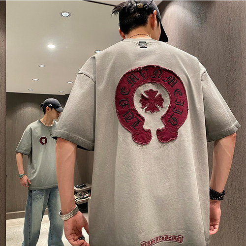 美式复古潮牌刺绣夏季圆领短袖T
