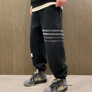 加绒条纹运动长裤 MXD 男冬季 潮牌复古工业灰宽松束脚卫裤 UGLY美式