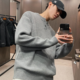 休闲宽松复古上衣 潮牌鱼骨缝线亨利领简约毛衣男冬季 MXD UGLY美式