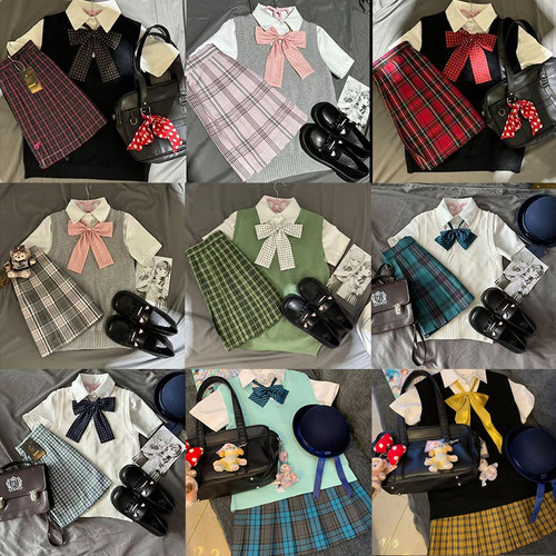 绊JK原创学院风马甲格裙套装