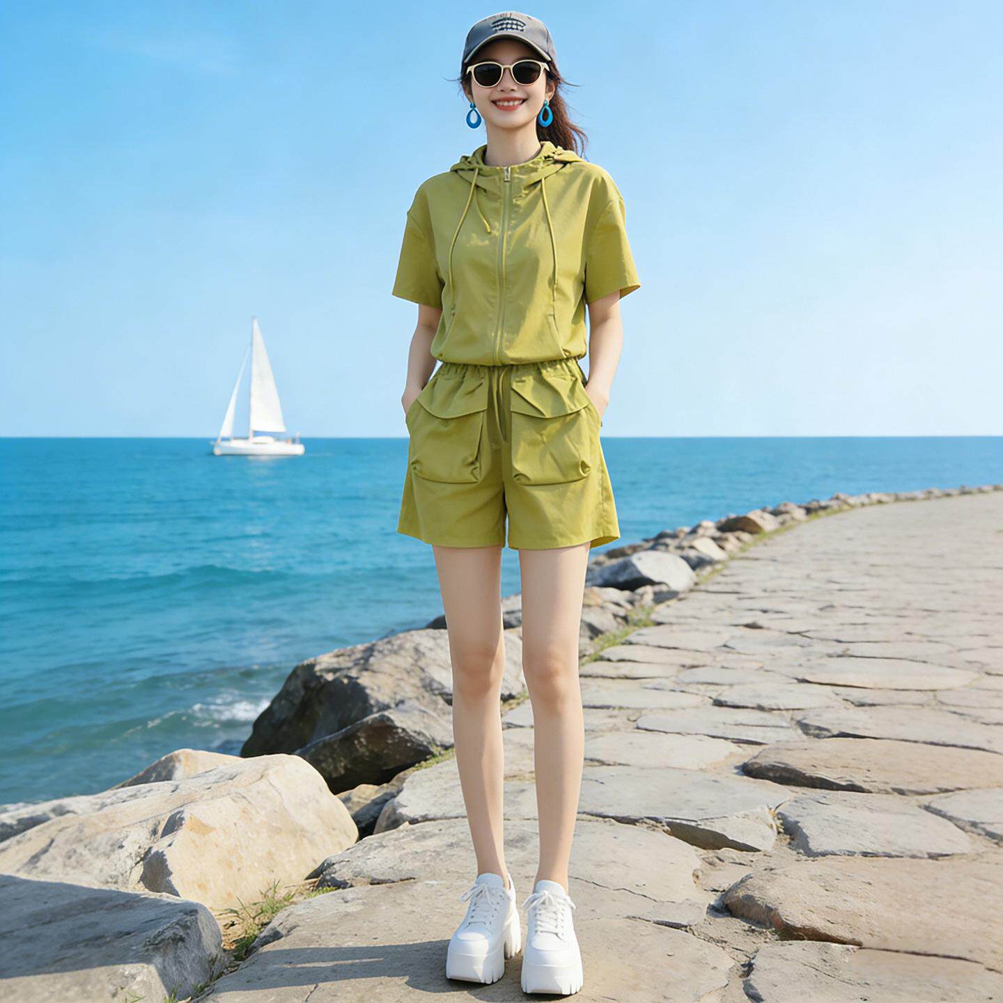 网红炸街休闲运动服套装女夏时尚洋气跑步亮色短袖短裤两件套