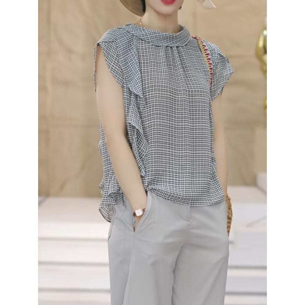 时尚气质卷边领口格子飘带衬衫女装2026夏季新款宽松显瘦小衫上衣