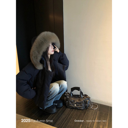SUNONEONE10.25 20:00 狐狸毛领加色加大版连帽羽绒服外套女