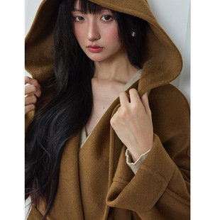 25冬新复古慵懒风浴袍连帽100%羊毛长款双面呢大衣外套女