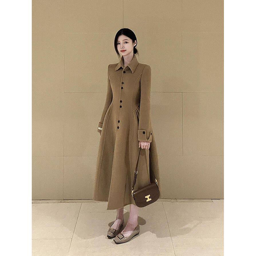 暖棕软语法式复古赫本风毛呢大衣新款小众气质中长款显瘦长裙女冬
