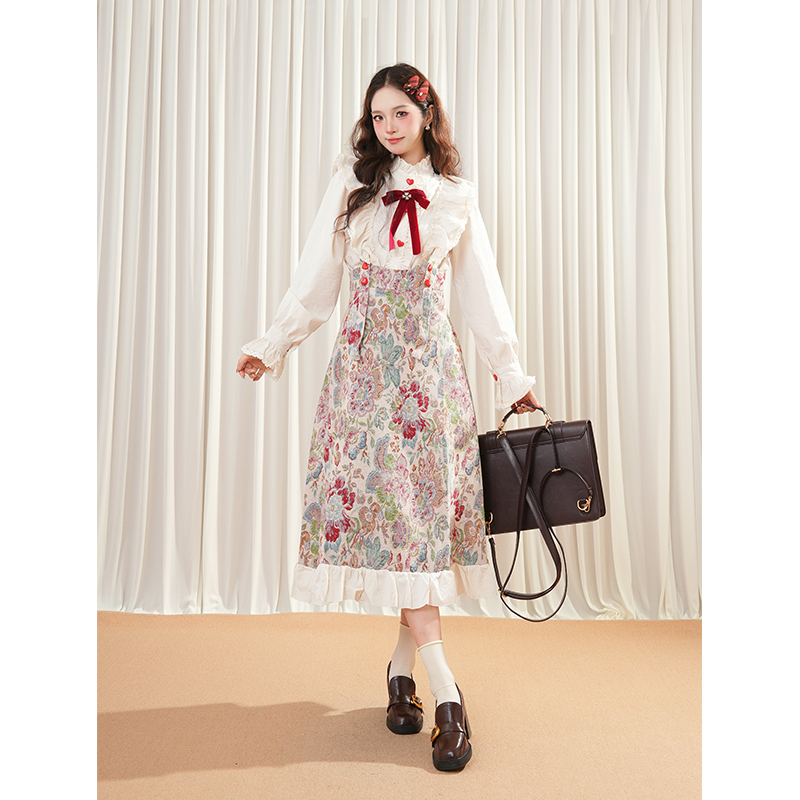 晨雾花诗 春装新款法式复古衬衫+复古风宫廷优雅大提花背带裙套装