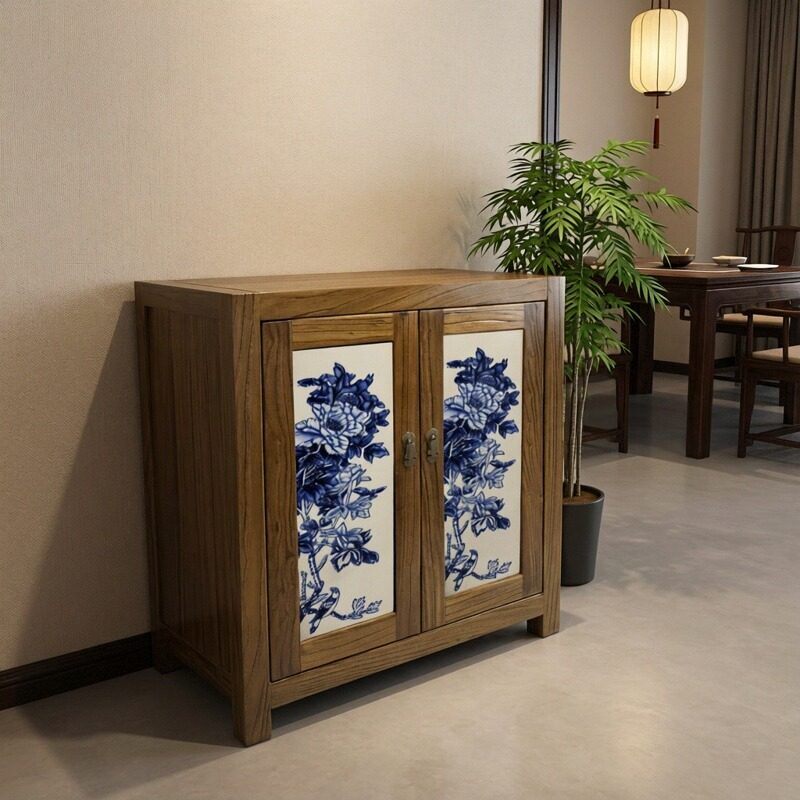 新中式实木收纳柜青花瓷门板复古储物柜客厅家具立体浮雕手绘陶瓷
