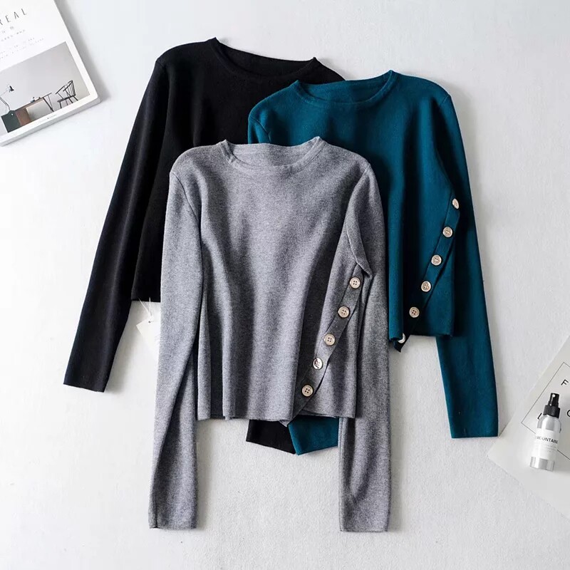 2019初秋季新品小众设计感斜排扣装饰不规则圆领短款针织打底毛衣|ruв категории Женская одежда, свитер - от Buy2taobao.com для оказания профессиональной услуги покупки агента Taobao