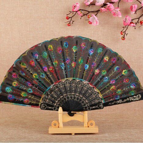新款扇彩杆黑杆亮片折扇中国风跳舞汉服学生扇刺绣扇彩妆扇塑料扇