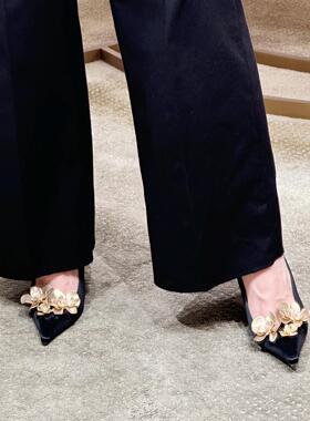 一眼就很贵！精致超有范、黑金兰花细跟高跟尖头御姐优雅浅口单鞋