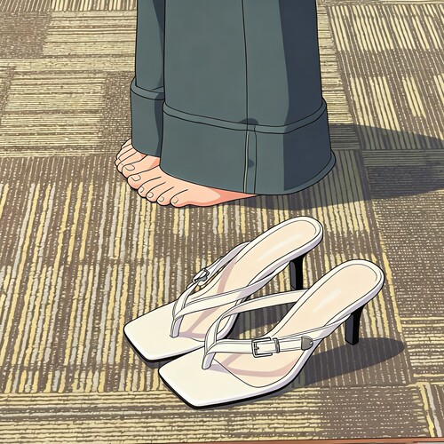白色方头细跟金属扣女士人字凉拖