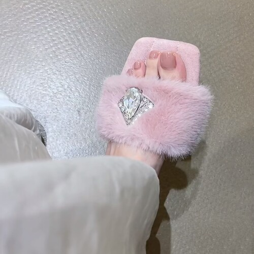甜美樱花粉一字带外穿毛毛拖鞋女