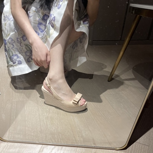 10cm超温柔显白 女 高跟坡跟蝴蝶结鱼嘴草编小香风露趾后绊带凉鞋