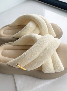 金晨lisa同款夏日舒适松糕厚底交叉带云朵毛巾外穿时髦凉拖鞋女