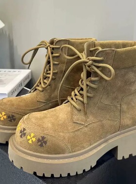 小个子粗跟厚底增高真皮马丁靴女西部户外百搭系带系带工装短靴女