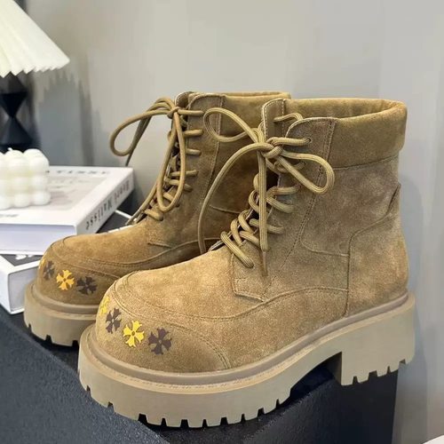 小个子粗跟厚底增高真皮马丁靴女