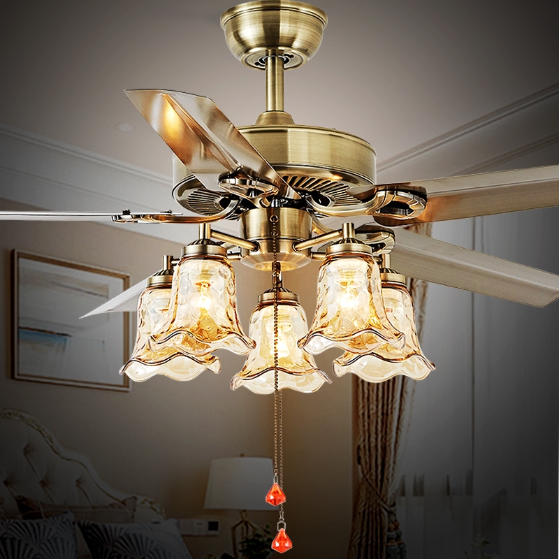 欧式风扇灯铁叶复古铜吊扇灯餐厅一体带灯吊扇客厅电风扇吊灯家用