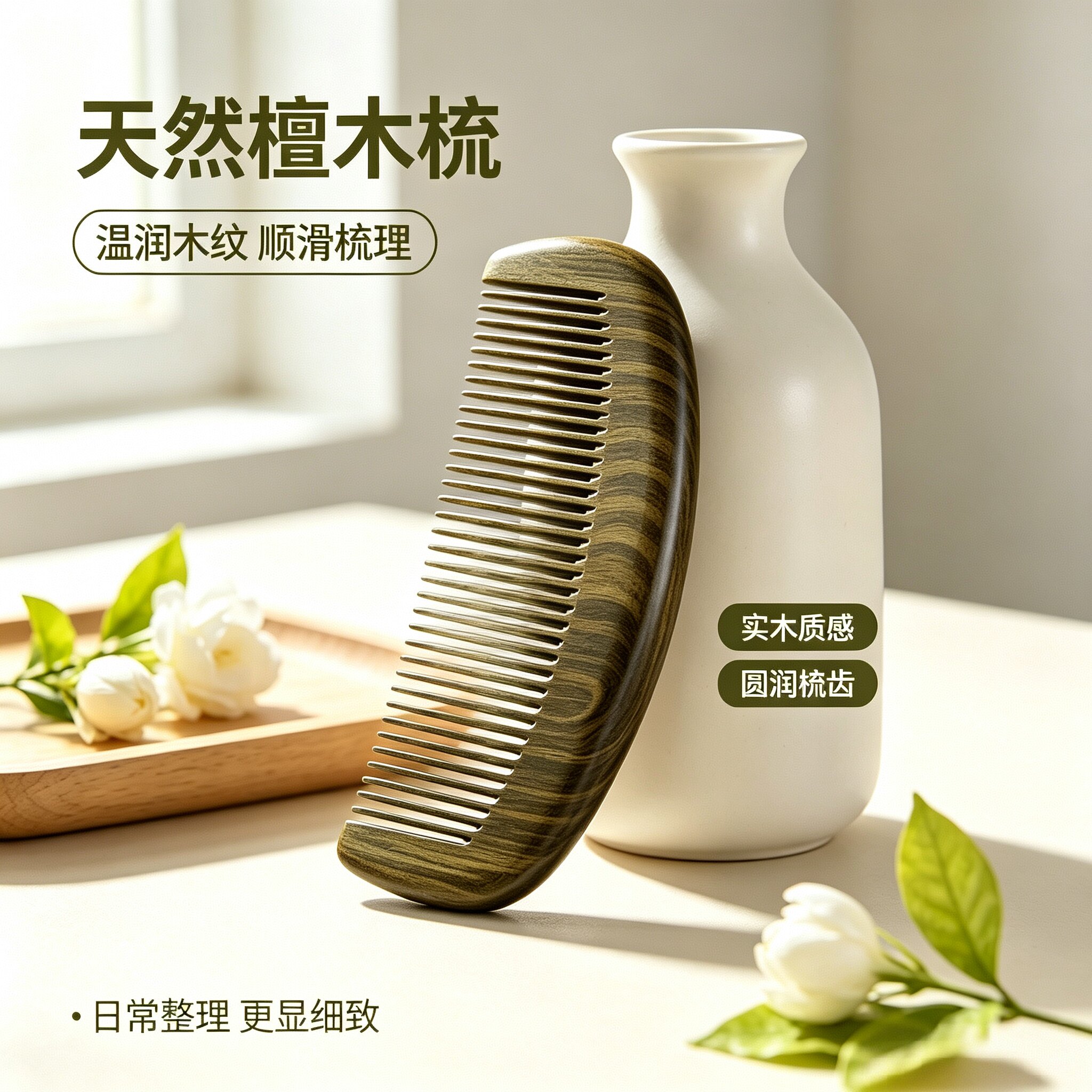 美木兮正品绿檀木梳女士长发专用儿童家用木质梳头宽细齿梳子
