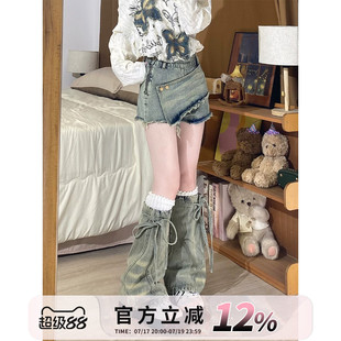 自然涩小个子做旧牛仔裤女2026夏季穿搭侧拉链修身绑带腿套热裤子