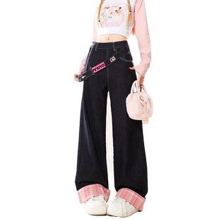 自然涩冬天侧拉链加绒直筒牛仔裤女春秋季新款美式宽松阔腿长裤子