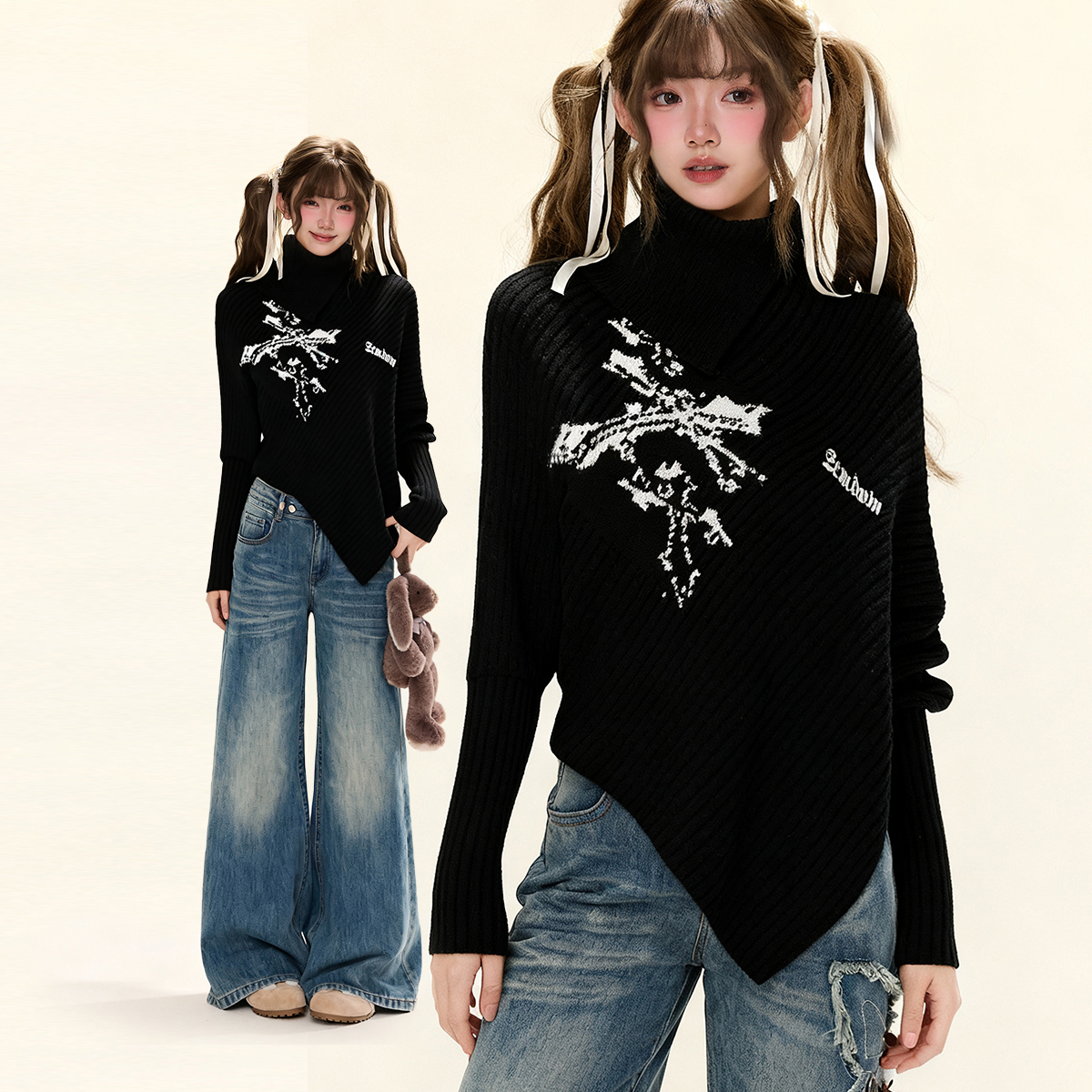 轻亚风小斗篷高领毛衣女秋冬新款