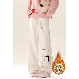 自然涩白色灯芯绒直筒休闲裤女2026新款加绒百搭可爱宽松阔腿长裤