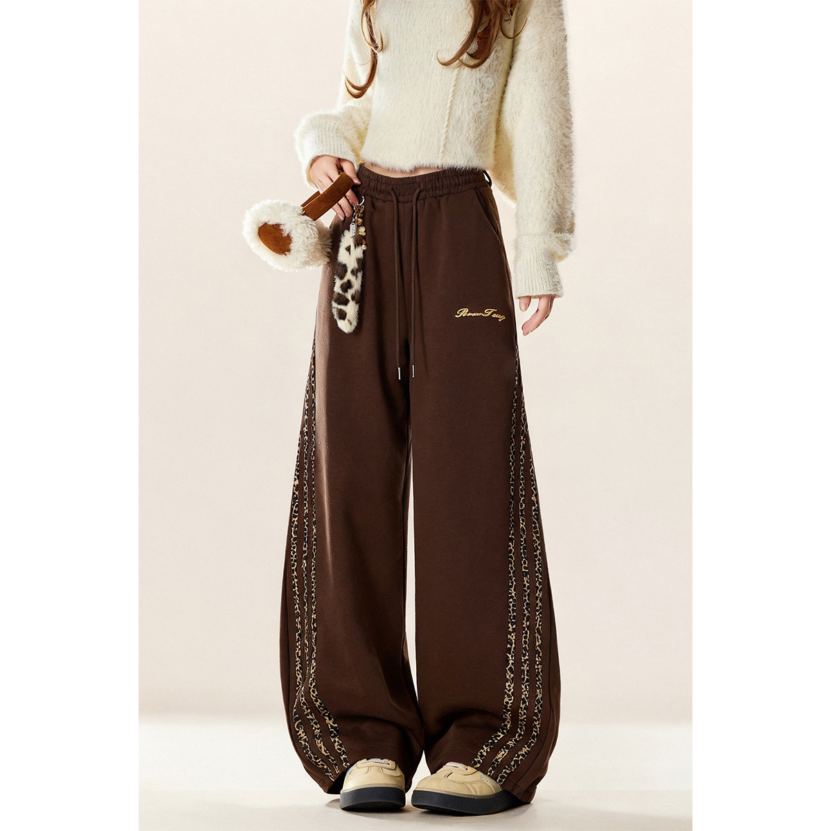 豹纹条纹设计感弯刀卫裤女秋冬季