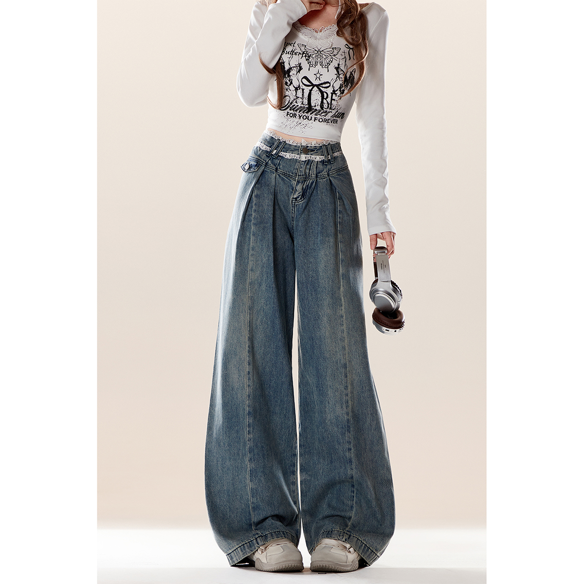 蕾丝花边牛仔裤女2025春秋新款