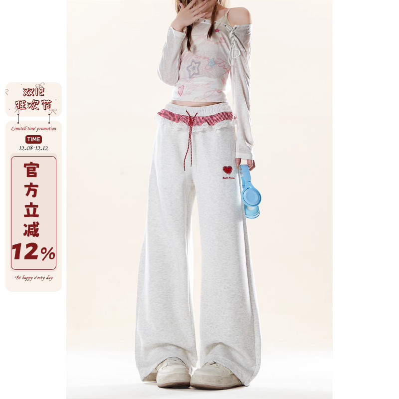 夏季爱心刺绣灰色卫裤女春秋薄款