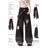 子春秋季 自然涩美式 小个子宽松休闲直筒阔腿裤 女夏薄款 破洞牛仔裤