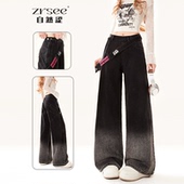加绒直筒阔腿长裤 女2026早春新款 子 侧拉链黑色牛仔裤 自然涩春秋季